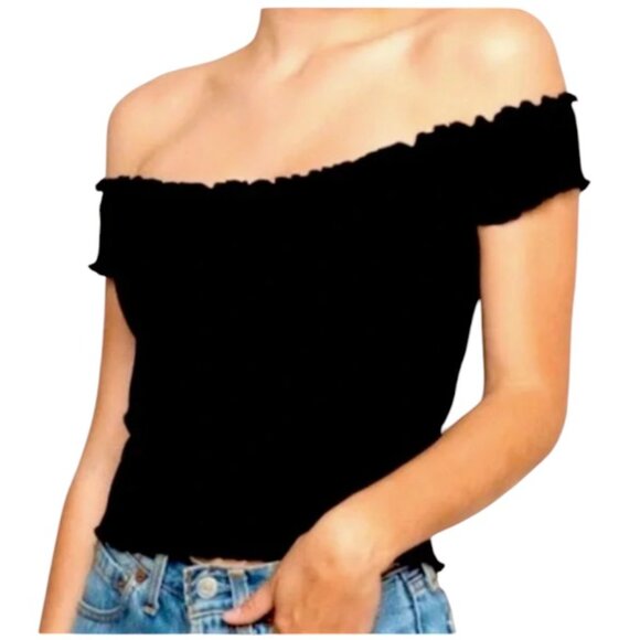 Brandy Melville Black Cropped Ribbed Ruffle Trim Short Sleeve Tee - OS - Picture 1 of 3